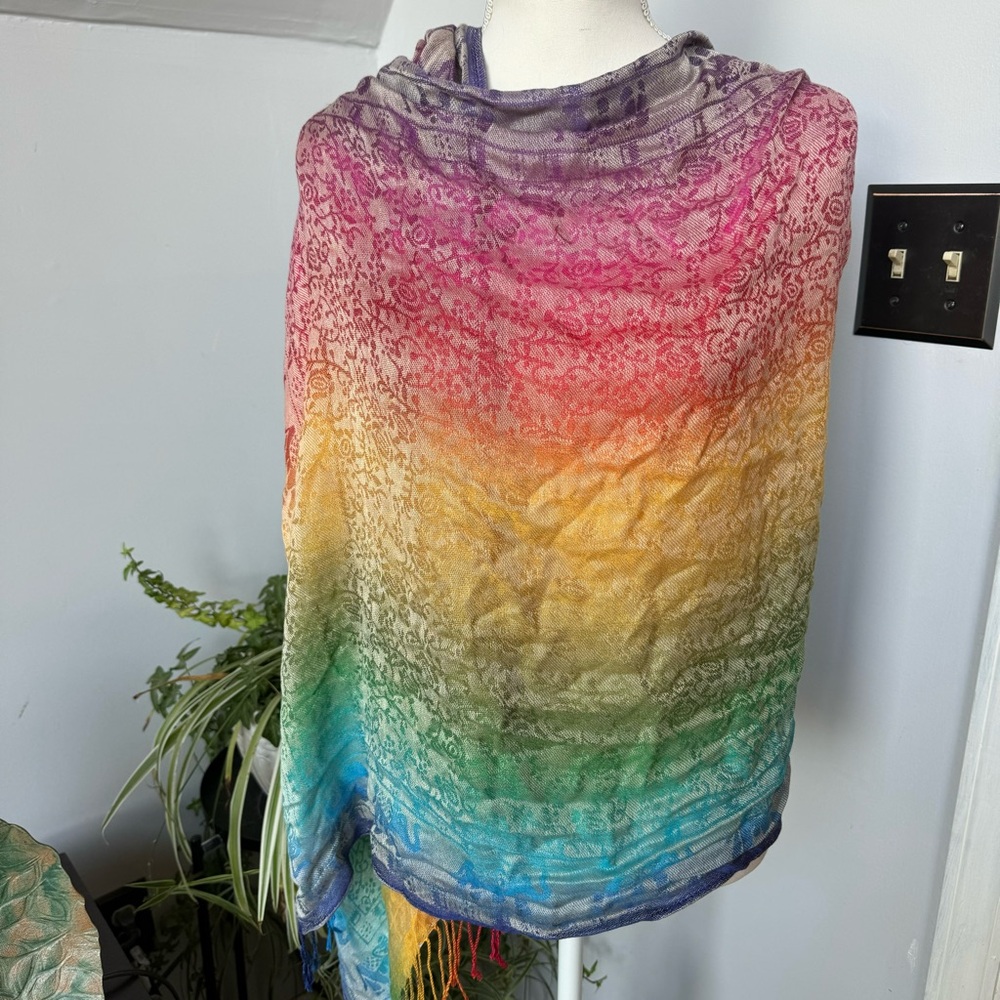 Rainbow Scarf Wrap Shawl Pashmina w/ Elephant Design‎ and Fringe 70”x27”